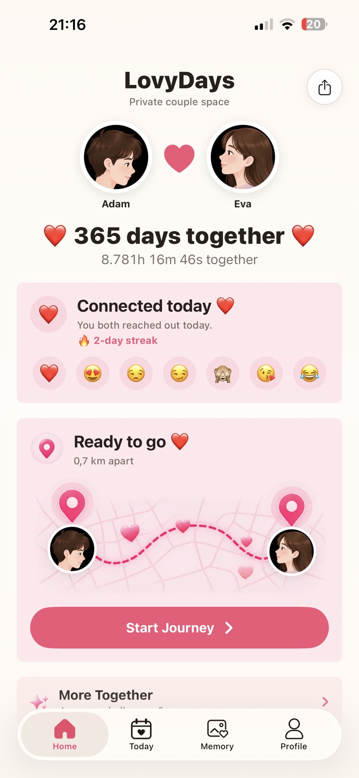 LovyDays Home screen showing 365 days together
