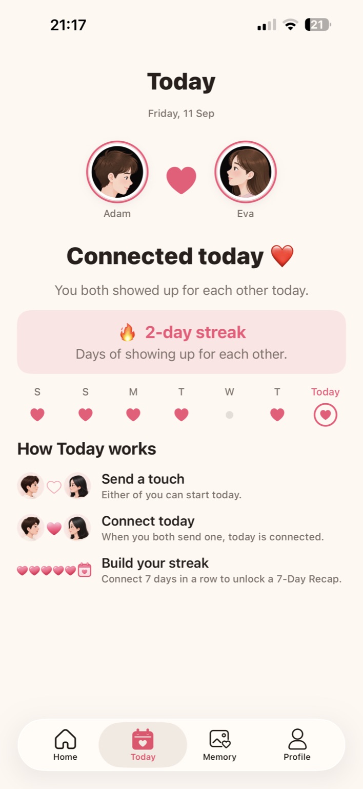 LovyDays Today screen showing a 2-day streak